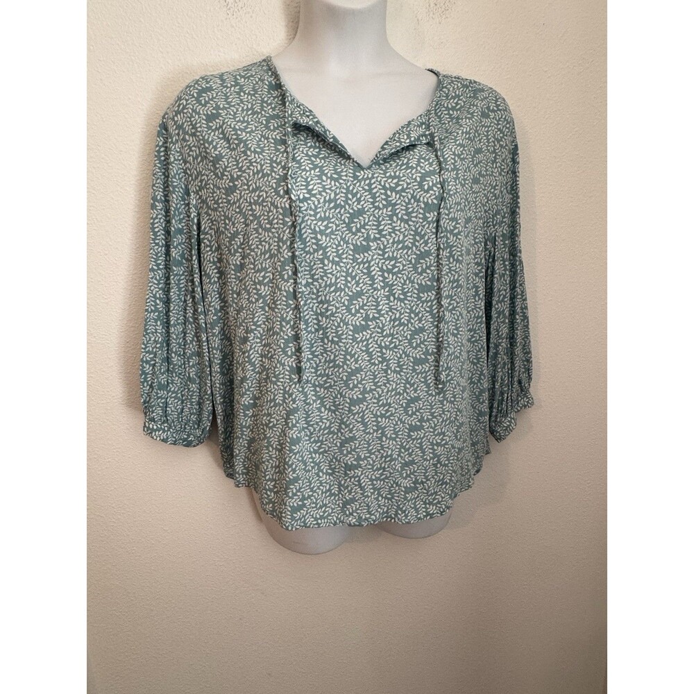 Caslon Women Blouse Peasant Leaf Print Blue Green Size XL Nordstrom Office